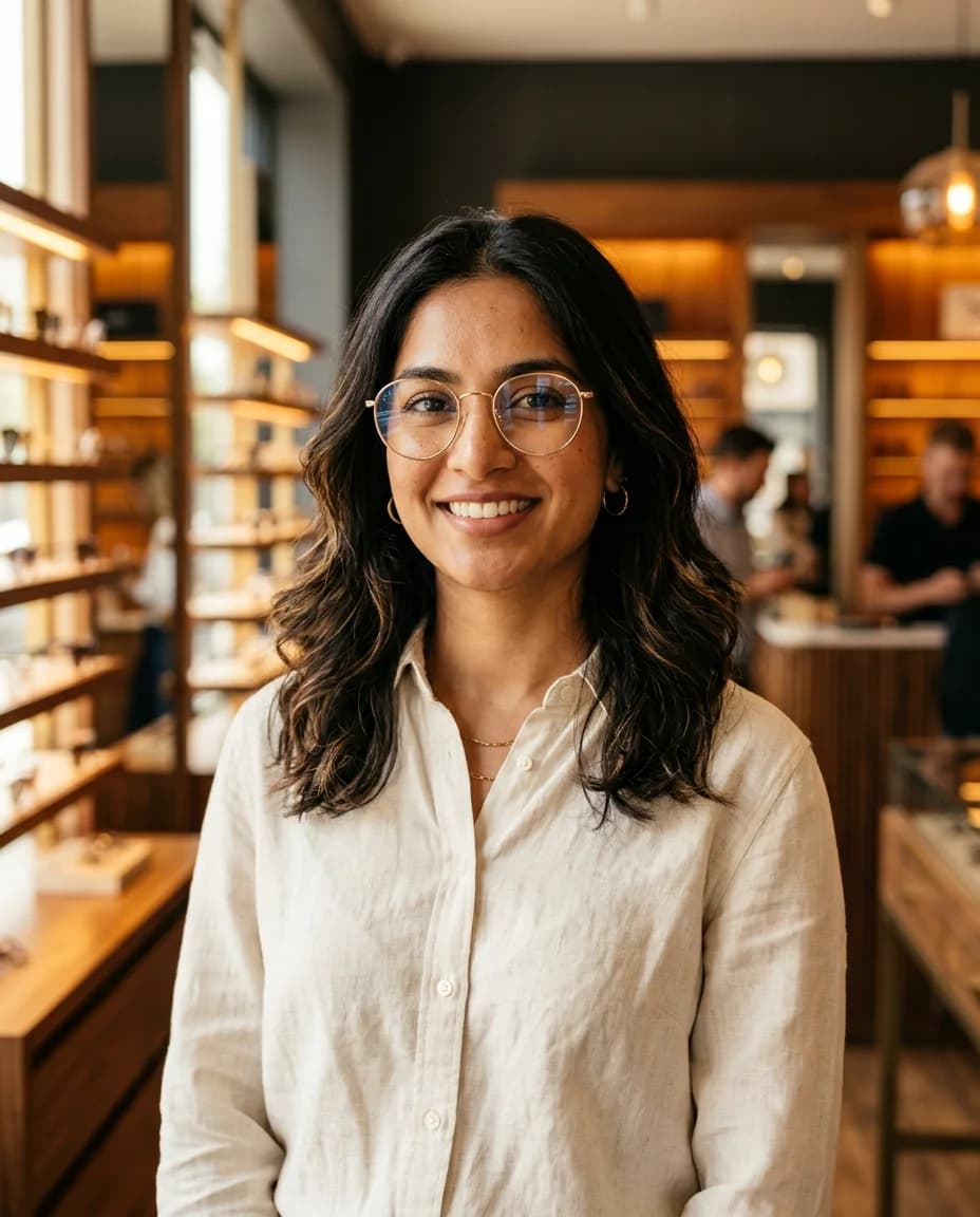 Editorial portrait of an Indian woman wearing round gold eyeglasses in a warm optical showroom